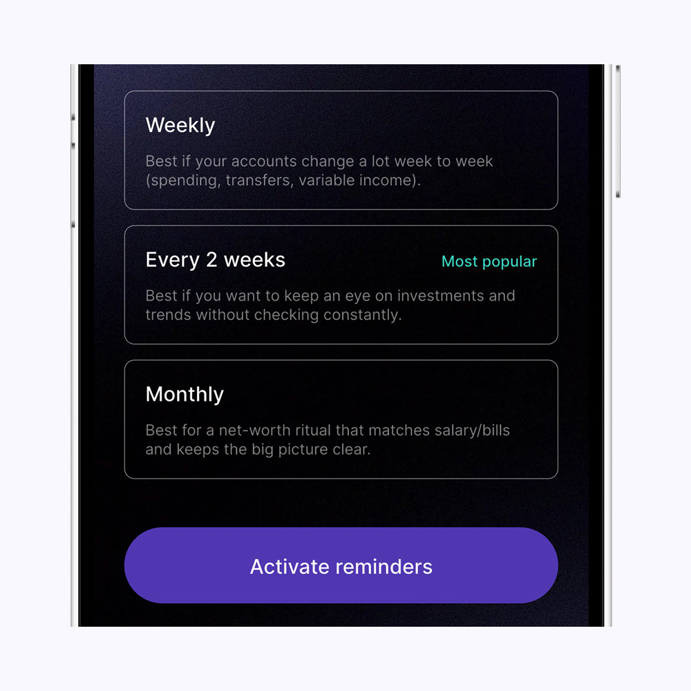 Check-in reminders – TILT TILT net worth tracker reminder settings showing weekly, biweekly, and monthly check-in reminders