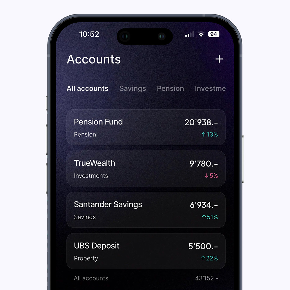 All accounts in one place – TILT TILT net worth tracker accounts list showing multiple accounts and assets in one place