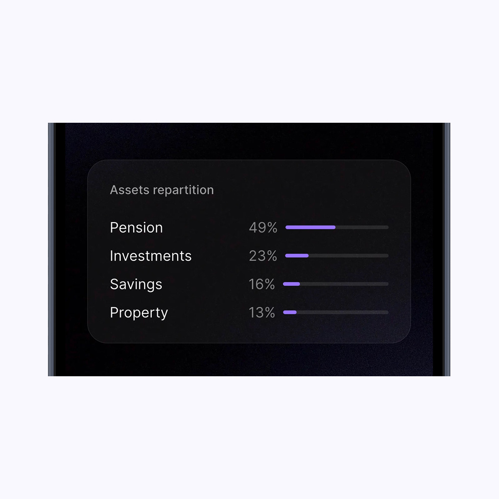 Asset allocation breakdown – TILT TILT net worth tracker screen showing asset allocation across pension, investments, savings, and property